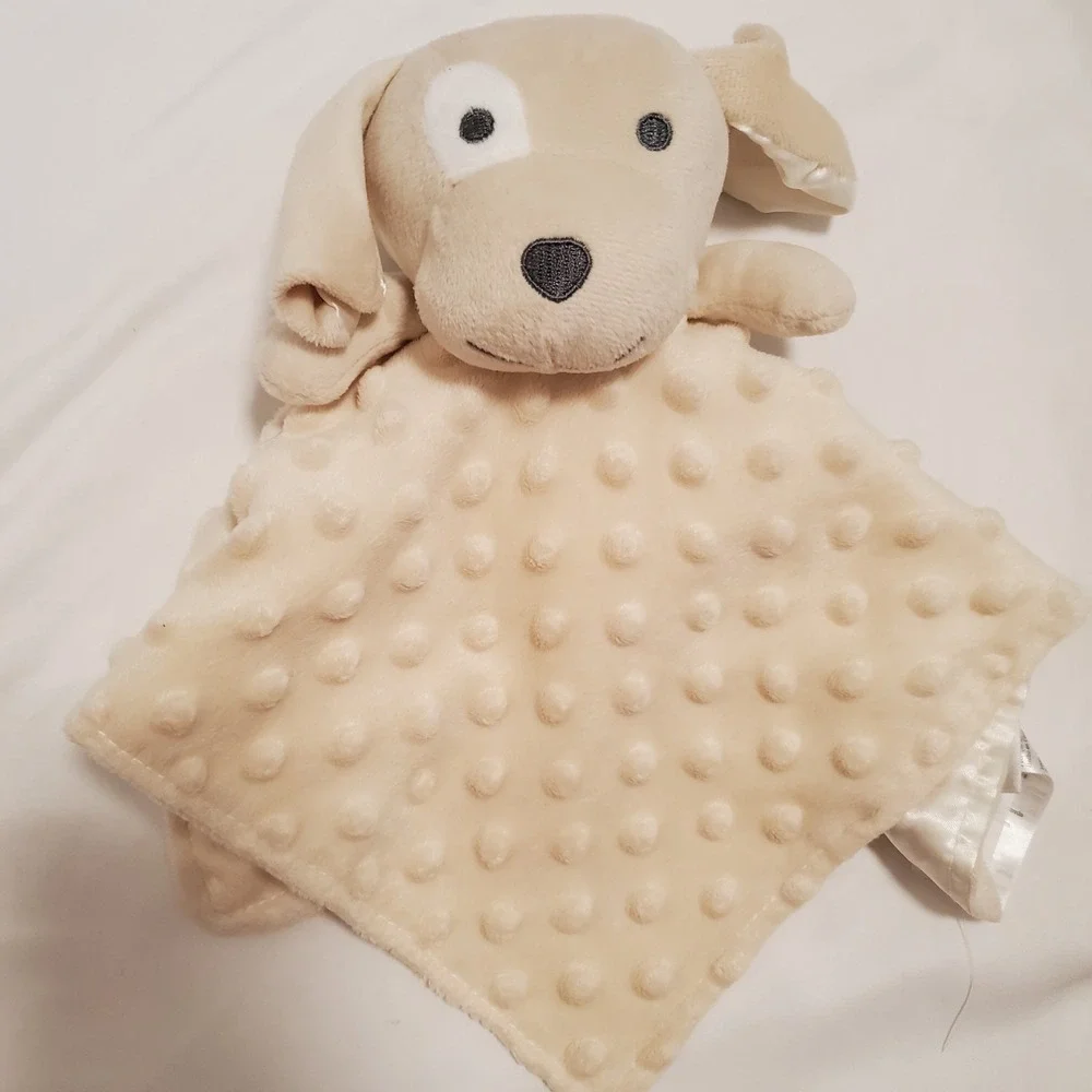 Elegant Baby Tan Puppy Dog Lovey Security Blanket Satin Back Minky Dot Eye Patch